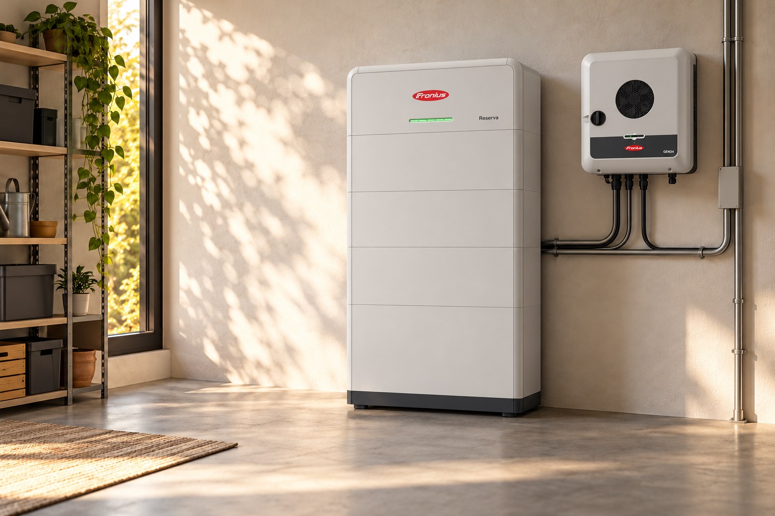 Fronius Reserva Batteriespeicher und GEN24 Plus Wechselrichter im Hauswirtschaftsraum – KI-Visualisierung
