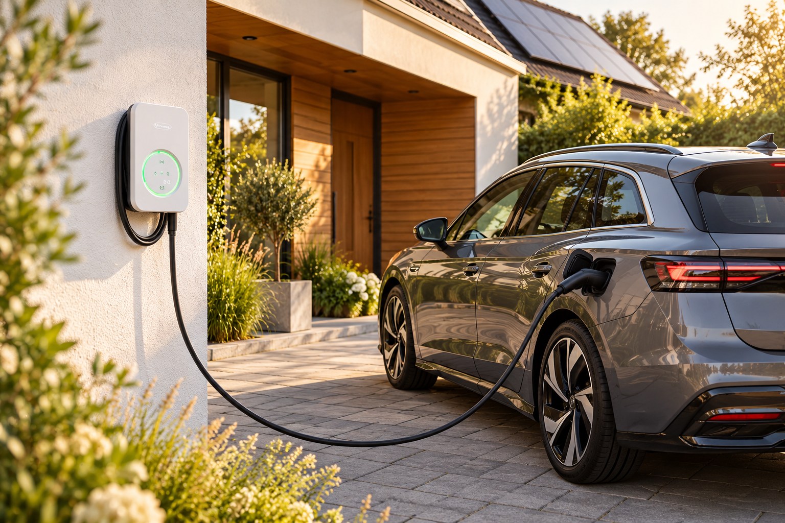 Elektroauto an einer Fronius Wattpilot Flex Wallbox vor einem Wohnhaus mit Solaranlage – KI-Visualisierung
