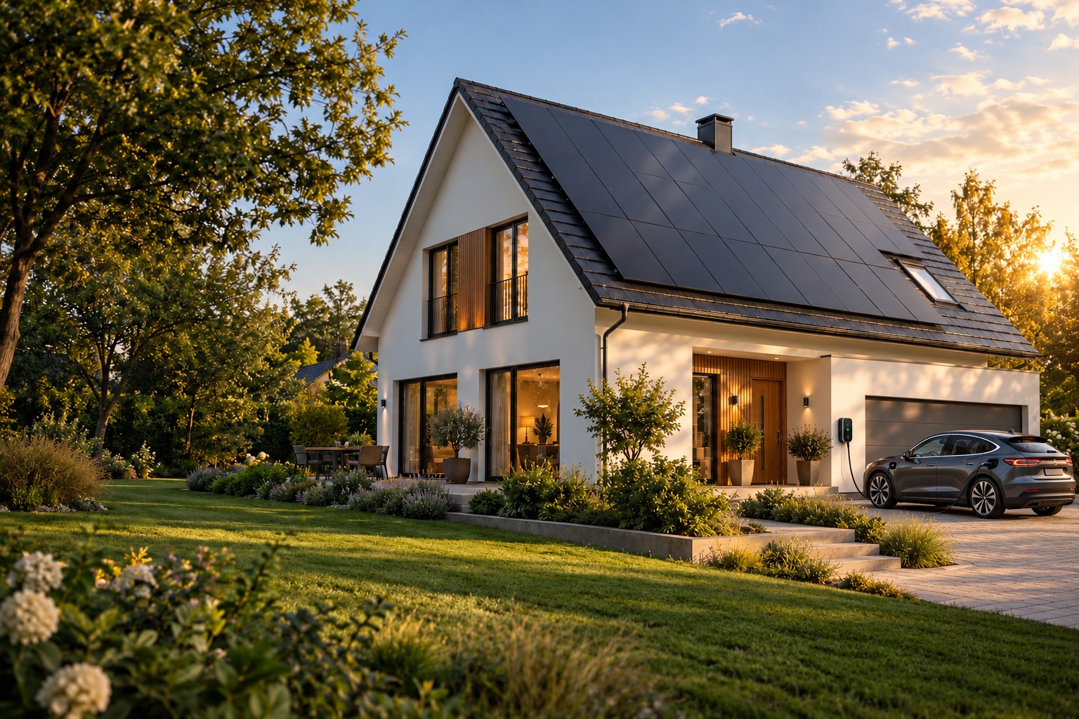 Wohnhaus mit Photovoltaikanlage und einem Elektroauto, das an einer Wallbox lädt – KI-generiertes Symbolbild