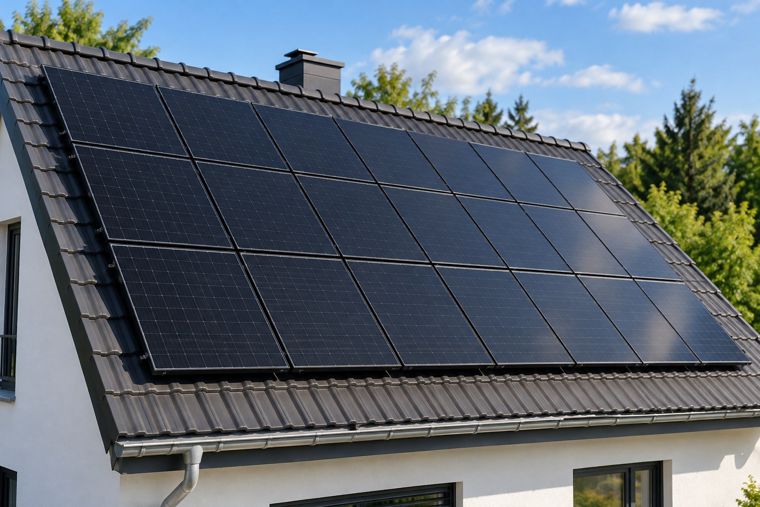 Hausdach mit vielen einzeln erkennbaren schwarzen Solarmodulen – KI-generiertes Symbolbild